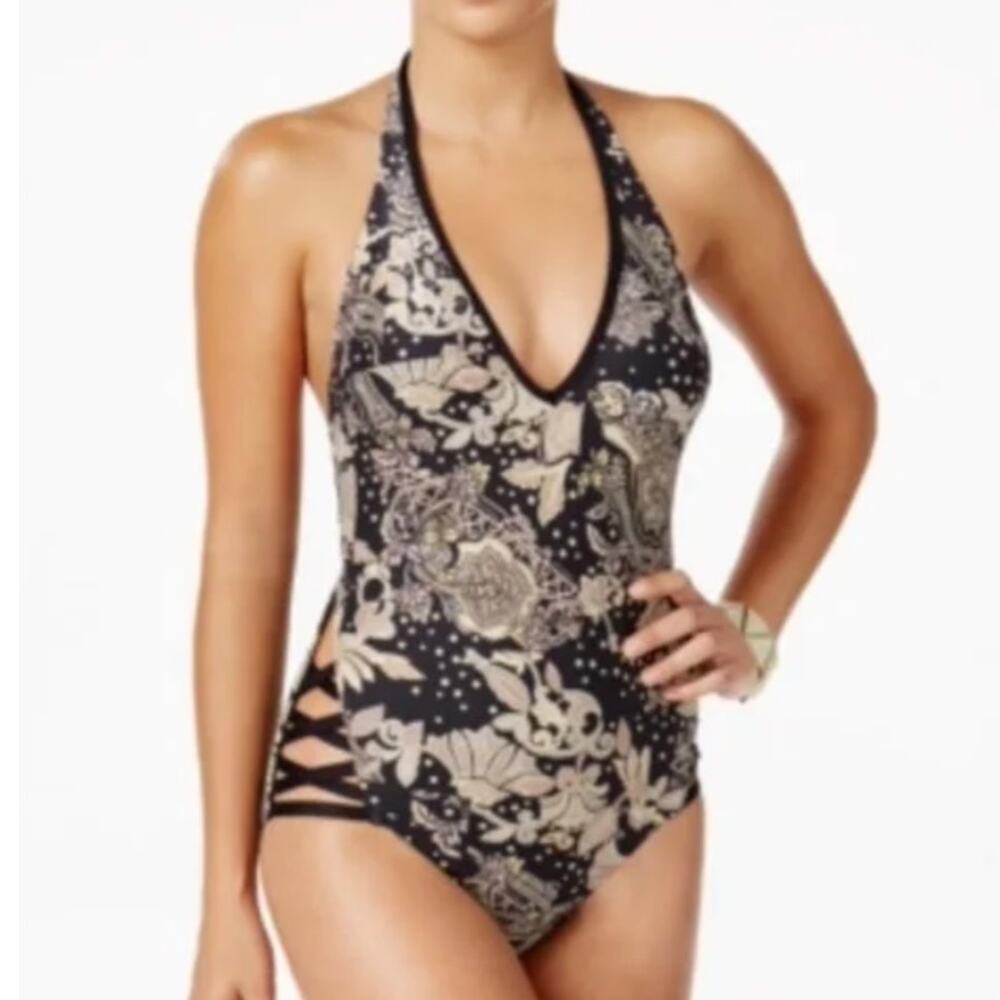 NEW Carmen Marc Valvo One Piece Swimsuit Sz 14 Slimming Halter Plunge Lace Up